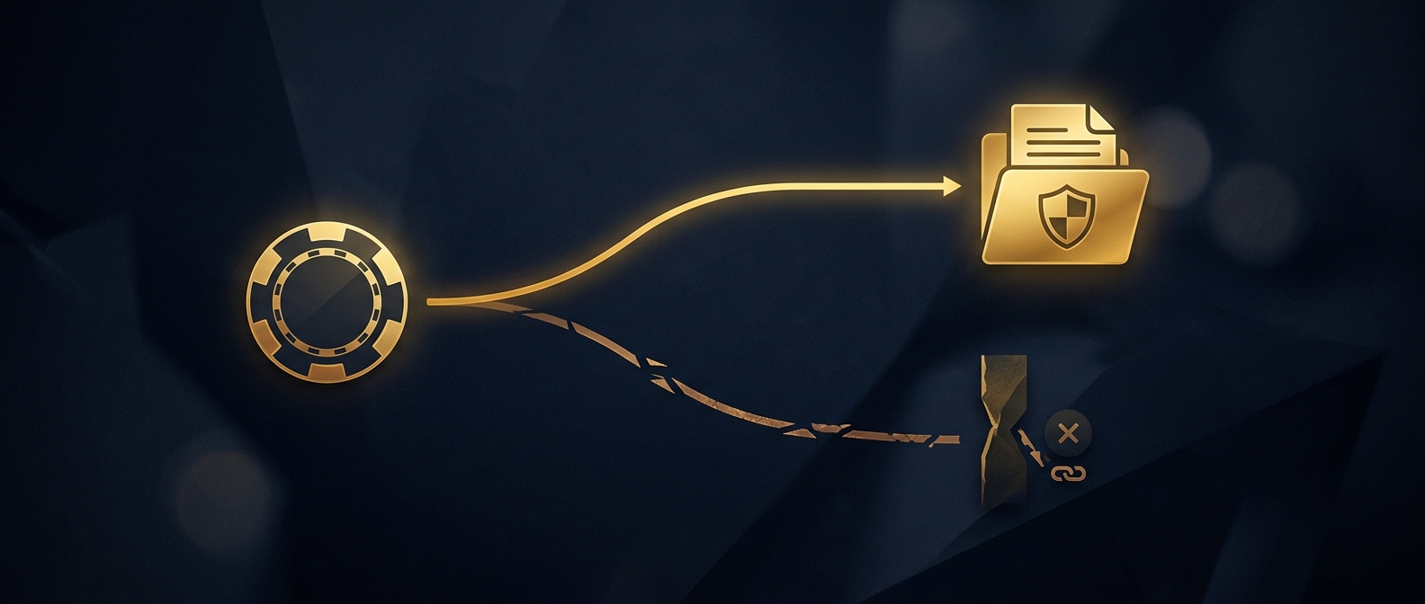 A lawful documented gaming-industry investigation linked to a protected evidence file while an unlicensed shortcut path is blocked, in navy and gold