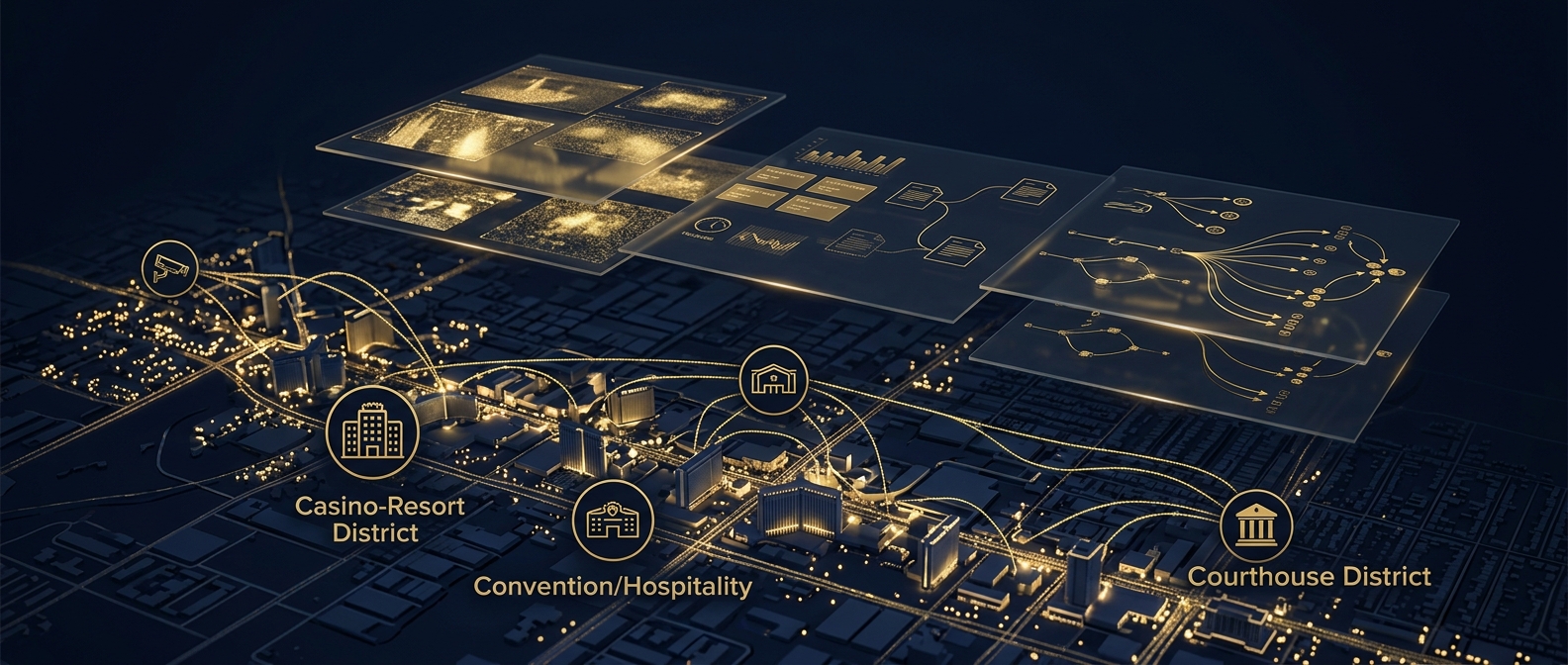 Las Vegas private investigation concept mapping gaming, hospitality, and litigation cases across a navy and gold Strip skyline at night
