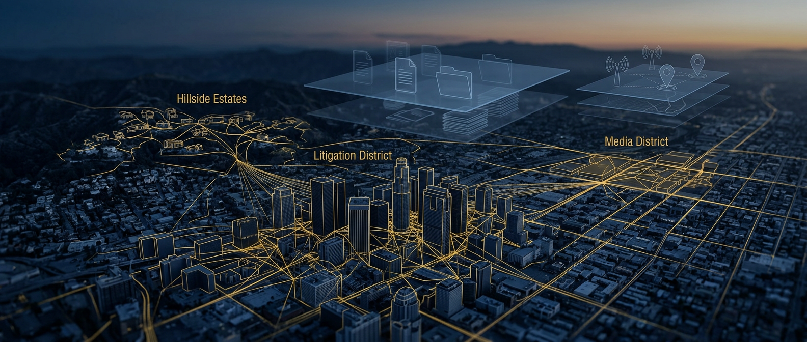 Los Angeles private investigation concept mapping litigation, high-net-worth estates, and entertainment cases across a navy and gold skyline