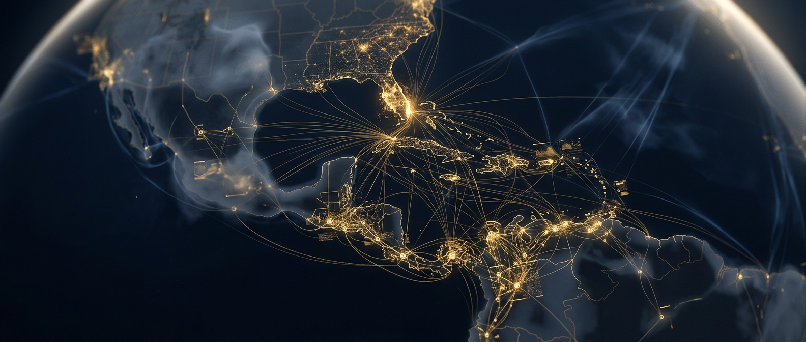 Miami investigative intelligence map linking the city to Latin-American entities, offshore structures, and gateway nodes in navy and gold