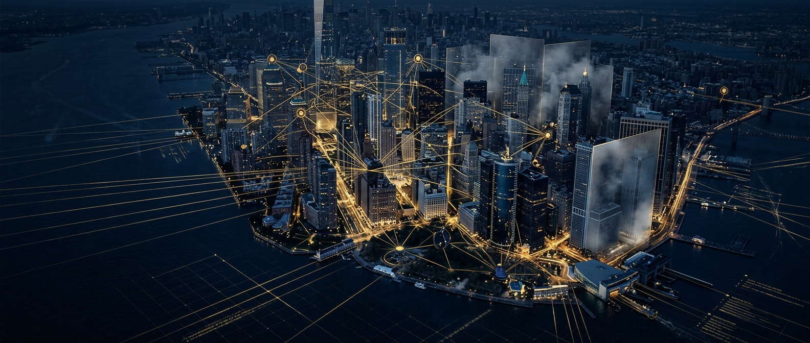 New York City investigative intelligence grid linking corporate, financial, and courthouse nodes across Manhattan in navy and gold