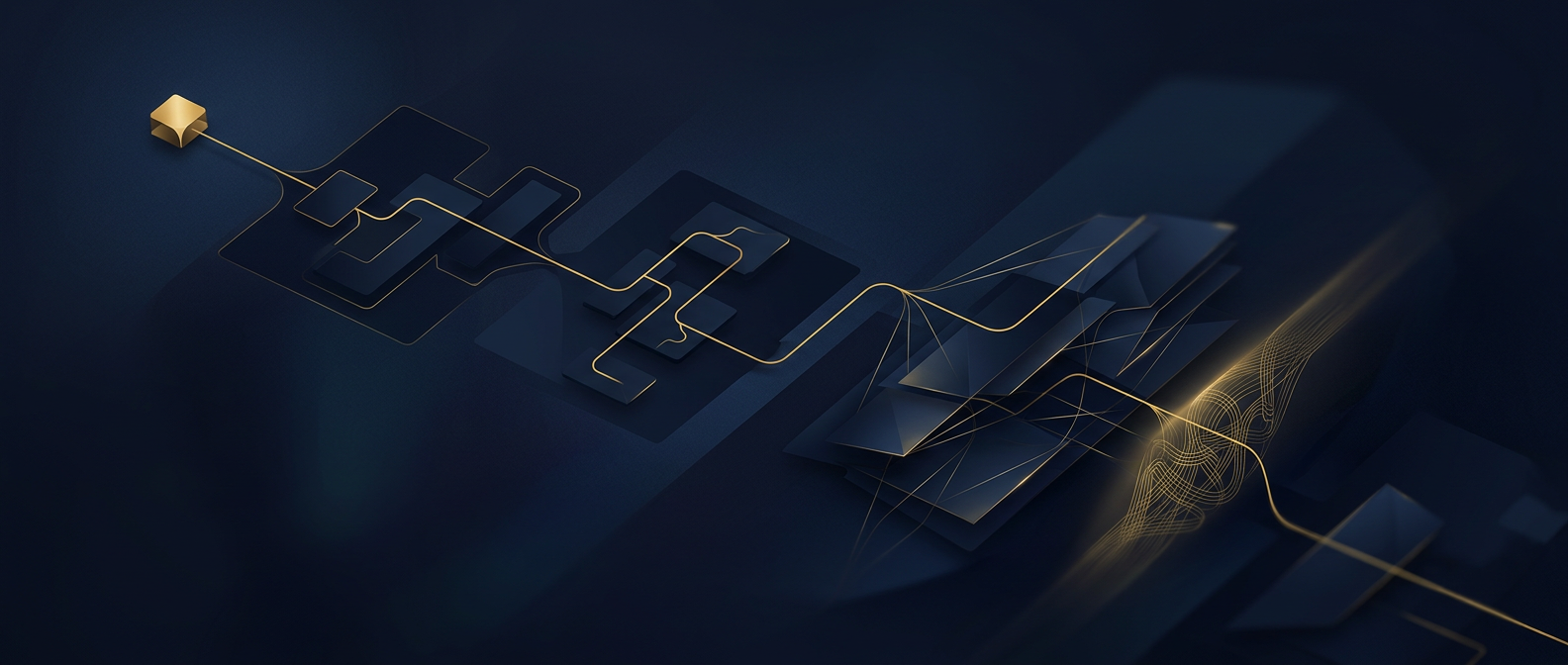 Lawful investigative path tracing a Manhattan corporate node through Delaware and New York entities into a layered asset structure in navy and gold