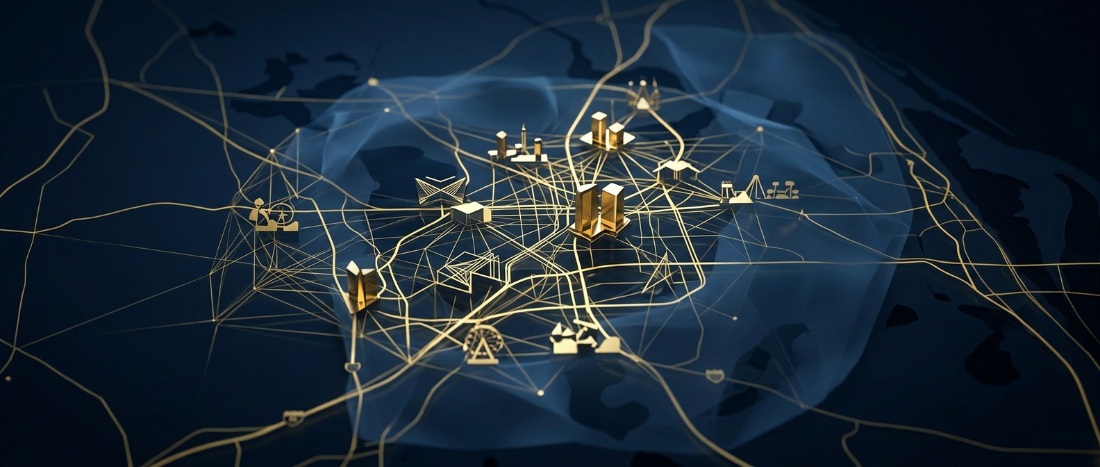 Orlando investigative intelligence map linking hospitality, resort, and attraction nodes across the tourism corridor in navy and gold