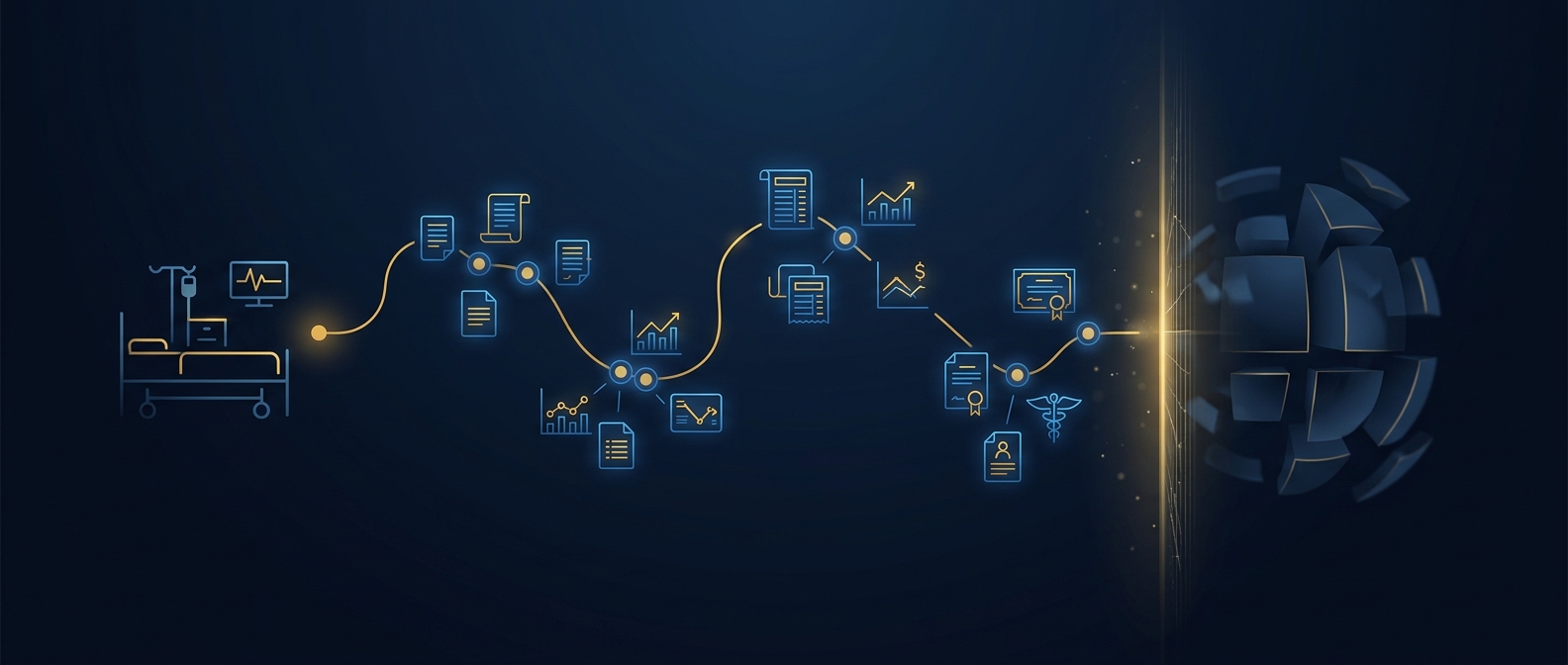 Lawful investigative path tracing healthcare billing and credentialing breadcrumbs to a concealed entity in navy and gold