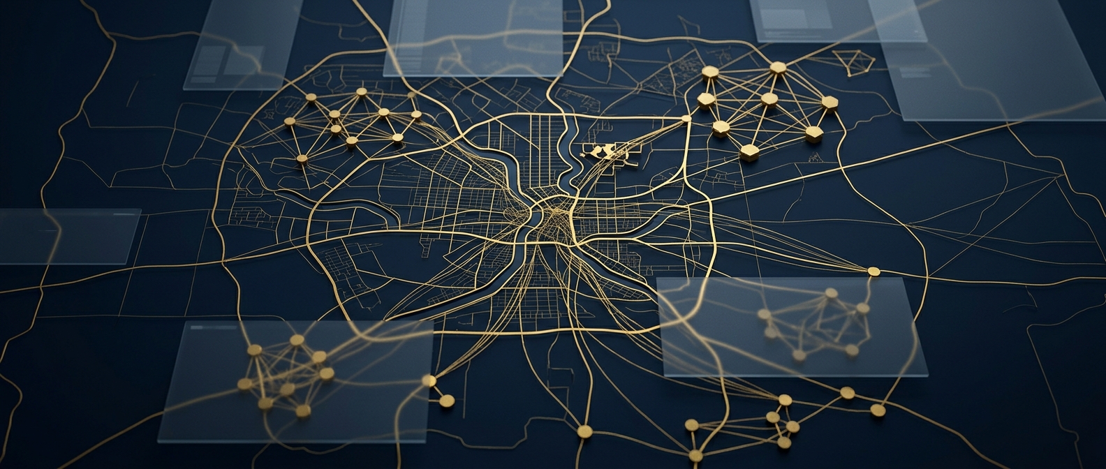 San Antonio investigative intelligence map linking military installations, medical centers, and cross-border entities in navy and gold