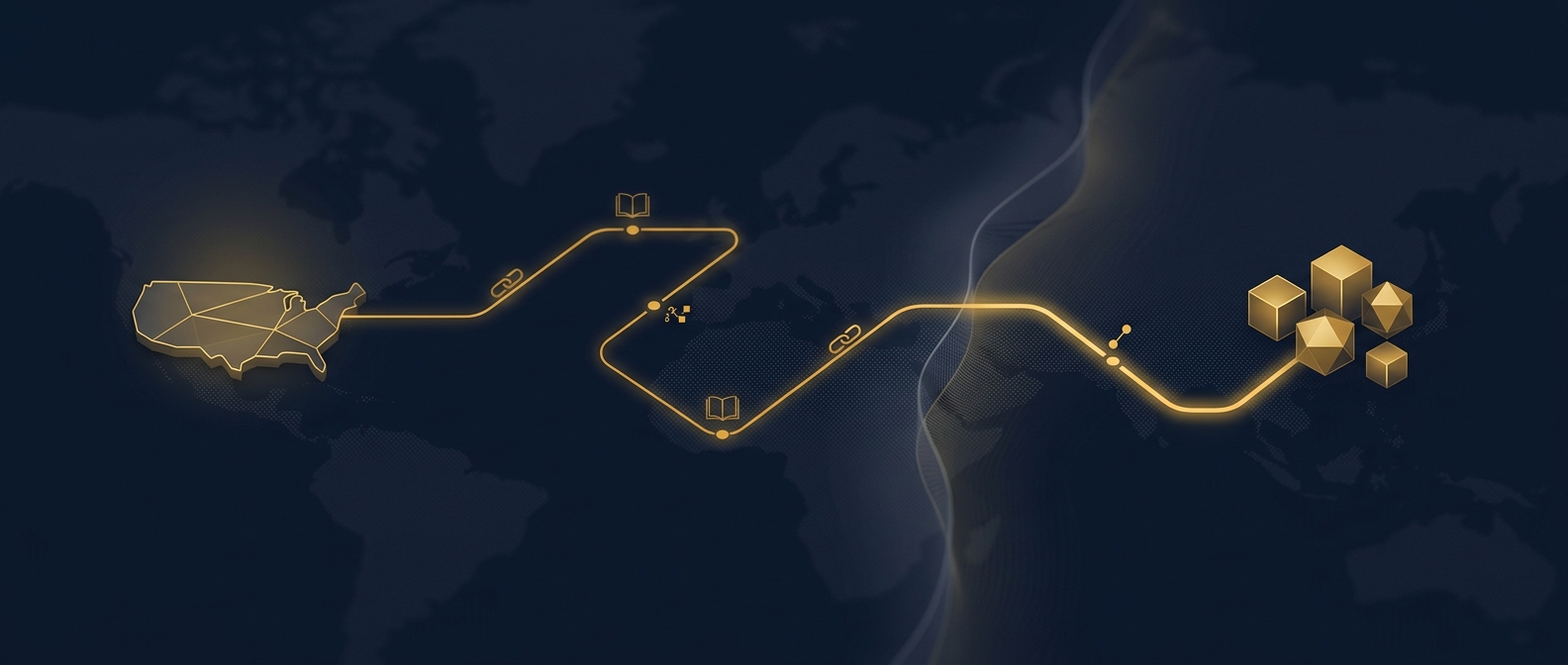 Lawful cross-border investigative path tracing entity breadcrumbs across the international line to a foreign corporate structure in navy and gold