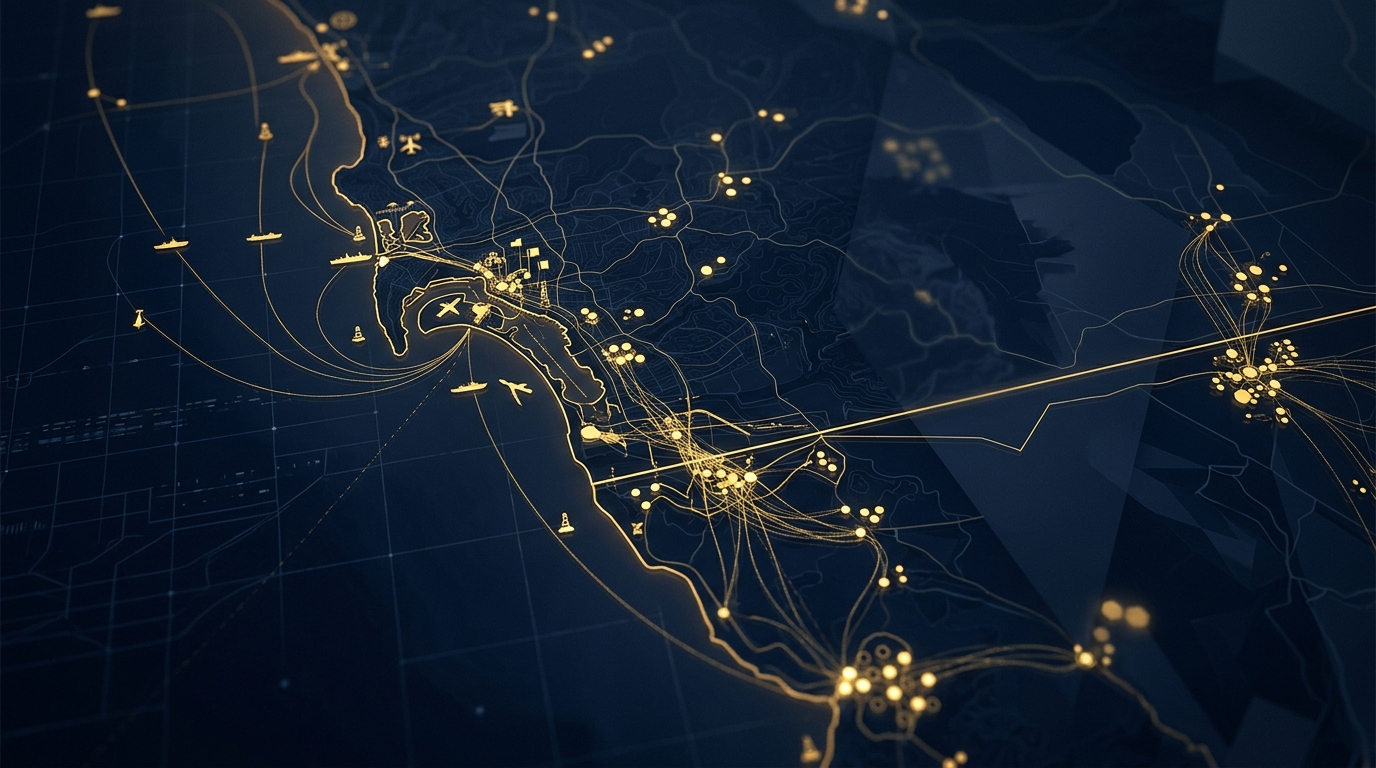 San Diego investigative intelligence map linking the international border, naval installations, and cross-border entities in navy and gold