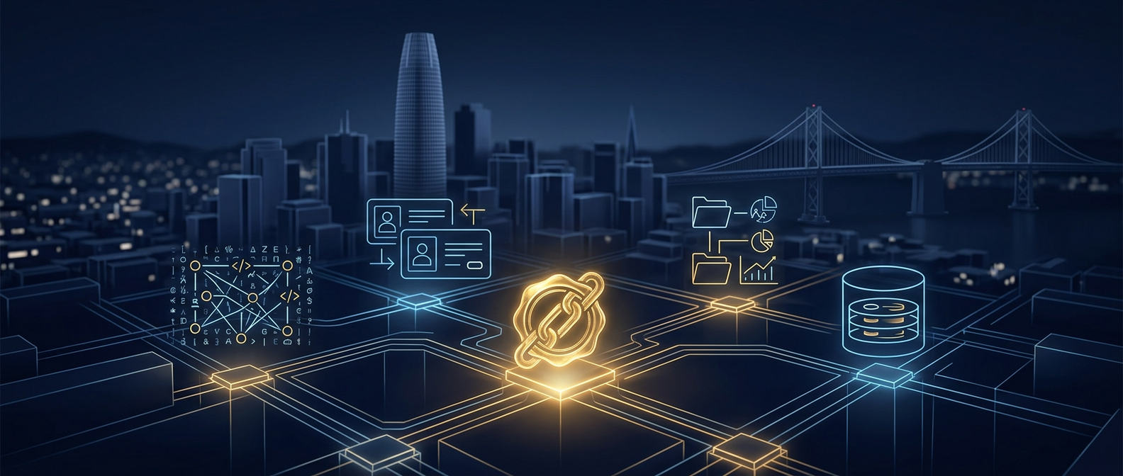San Francisco tech investigation concept showing skyline silhouette and converging intelligence nodes for source code, badge access, due diligence, and forensic evidence in navy and gold