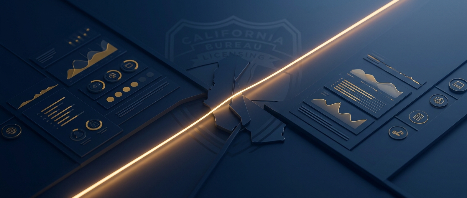 Concept of in-house global forensics command coordinating with a California-licensed field team across a state line in navy and gold