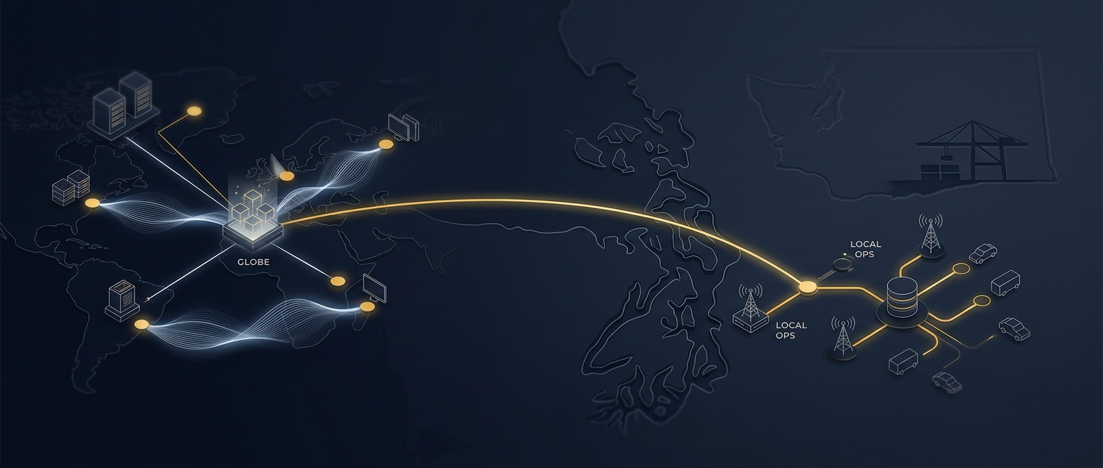Concept of in-house global forensics command coordinating with a Washington-licensed field team across Puget Sound in navy and gold