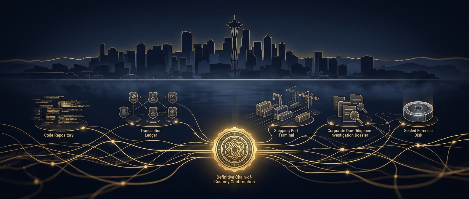 Seattle tech and maritime investigation concept showing a skyline over Puget Sound with converging intelligence nodes for source code, badge access, container terminals, due diligence, and forensic evidence in navy and gold