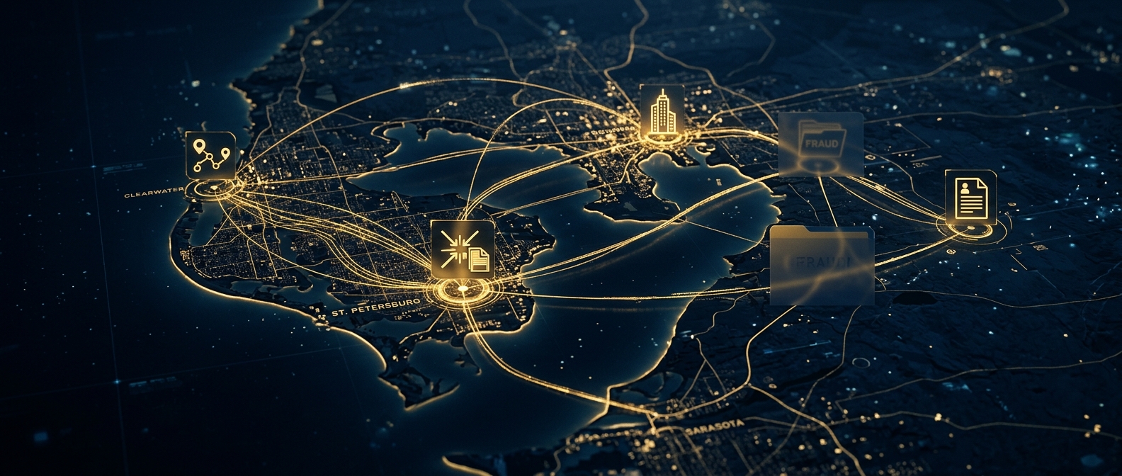 Tampa Bay investigative intelligence map linking Tampa, St. Petersburg, and Clearwater across case-type nodes in navy and gold
