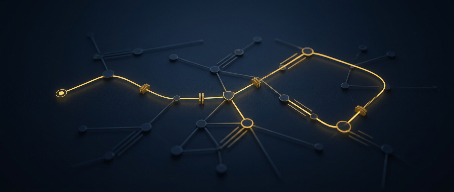 Lawful investigative path exposing a staged-collision insurance fraud ring through connected claims in navy and gold