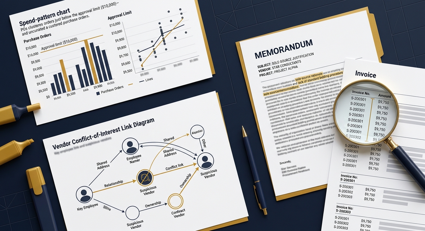 Procurement analytics workflow showing purchase orders clustered under an approval threshold, a vendor conflict diagram, and a flagged sole-source memo