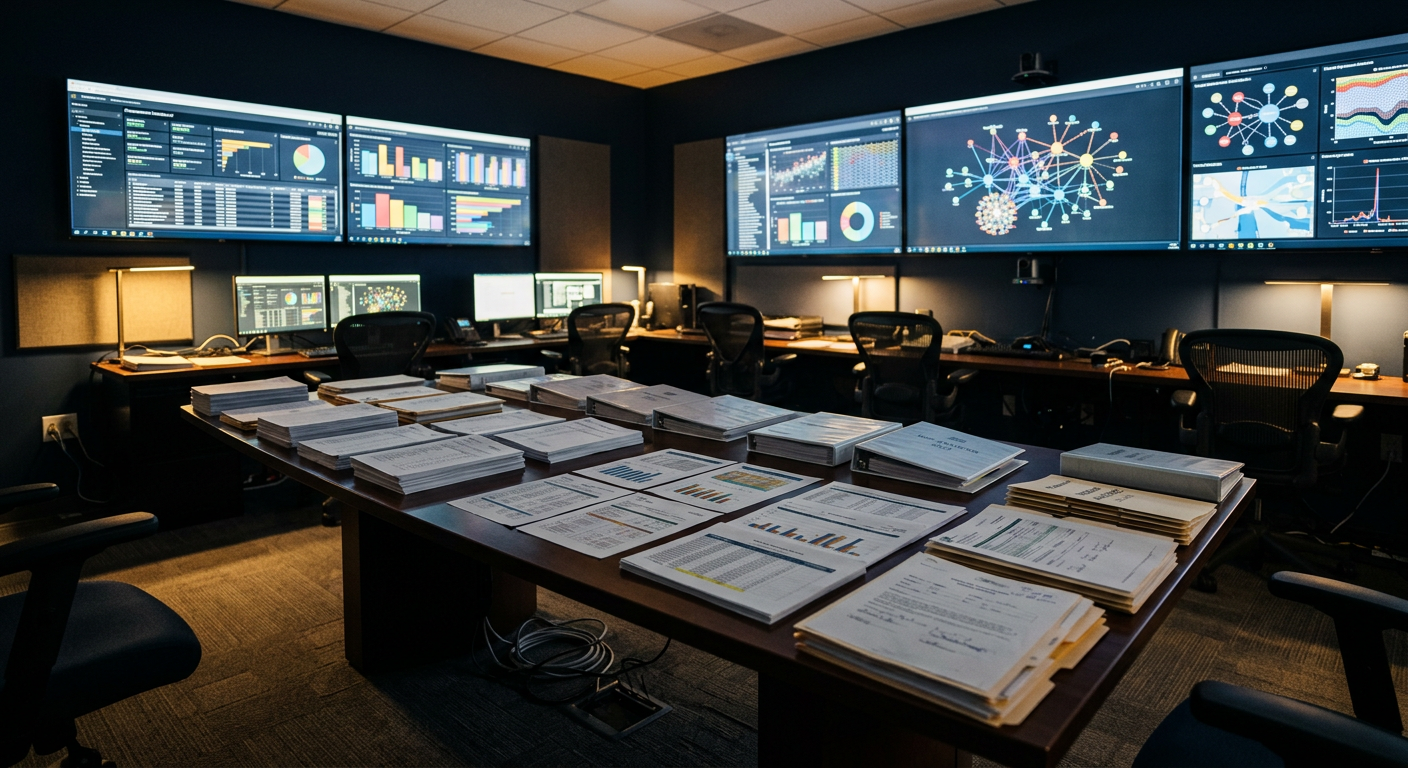 Procurement fraud investigation command room with purchase-order dashboards, spend-pattern charts, and bid tabulations under review