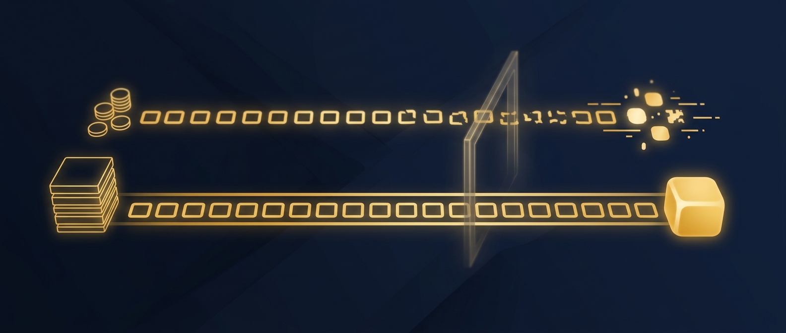 Ransomware recovery paths concept comparing a ransom-payment route with a partial decryptor against a clean restore-from-backups route in navy and gold