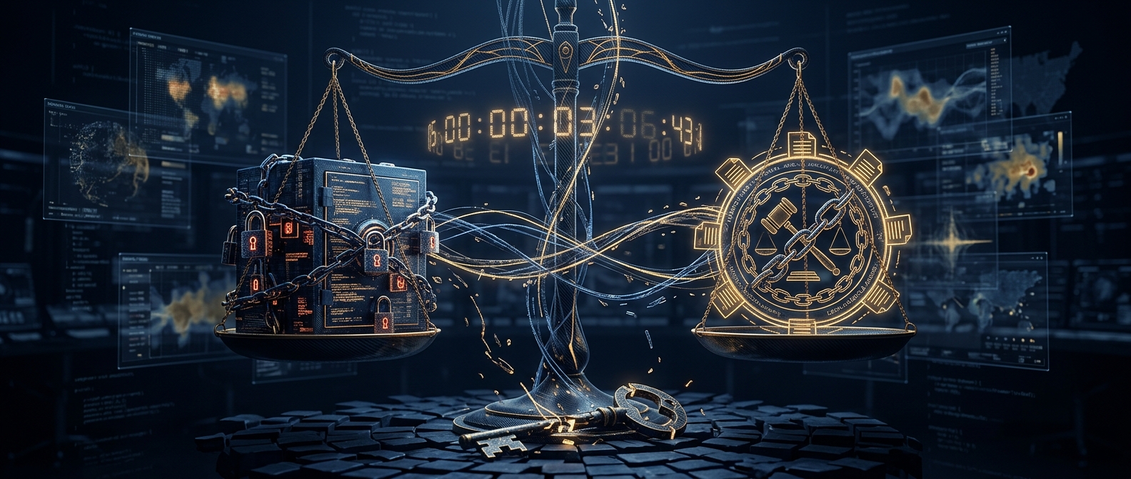Ransomware payment decision concept showing balanced scales weighing an encrypted data vault against legal and sanctions risk in navy and gold