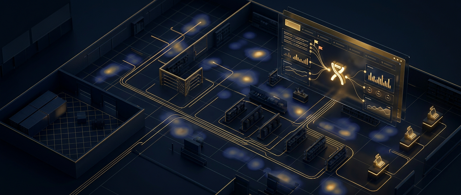 Data-driven retail loss prevention concept showing a store floor as a data grid tracing product from dock to point of sale in navy and gold