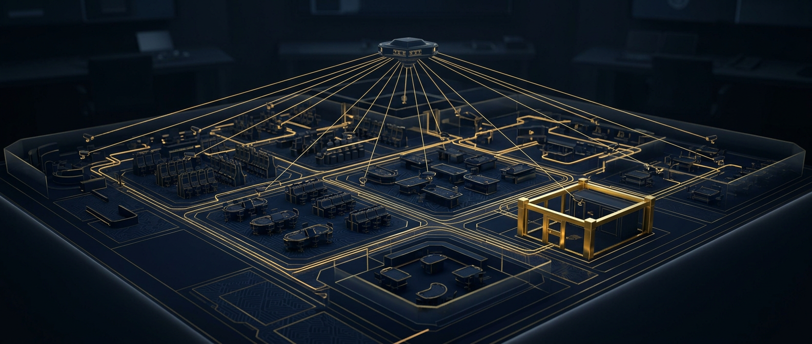 Casino and resort security operations concept showing gaming-floor zones, elevated surveillance node, and secured cage in navy and gold