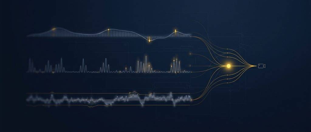 Restaurant point-of-sale integrity concept showing void, comp, and no-sale transaction signals converging on a reconciliation dashboard over a nightly service timeline in navy and gold