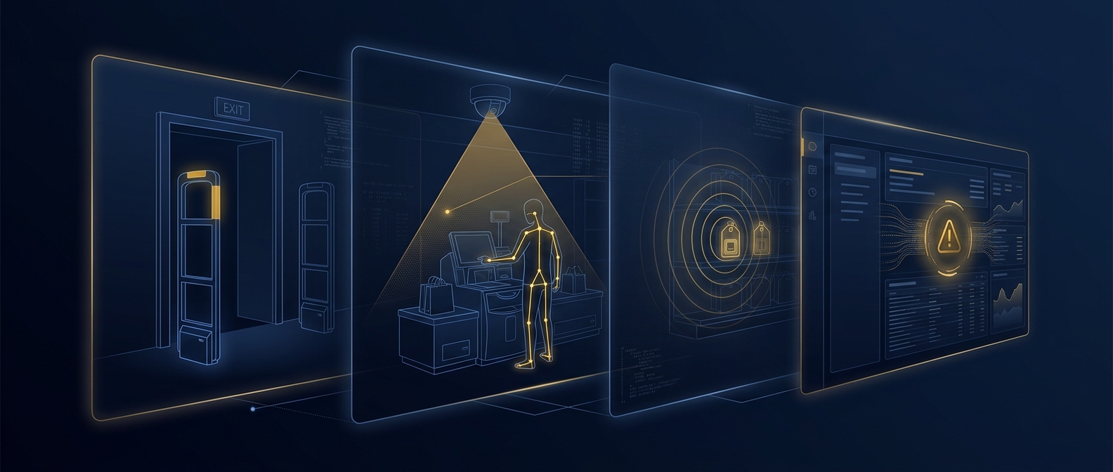 Retail loss prevention technology stack concept showing EAS, camera analytics, RFID and POS software layered in navy and gold