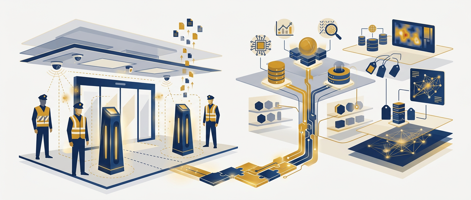 Layered retail loss-prevention concept linking uniformed guards, EAS, and camera analytics