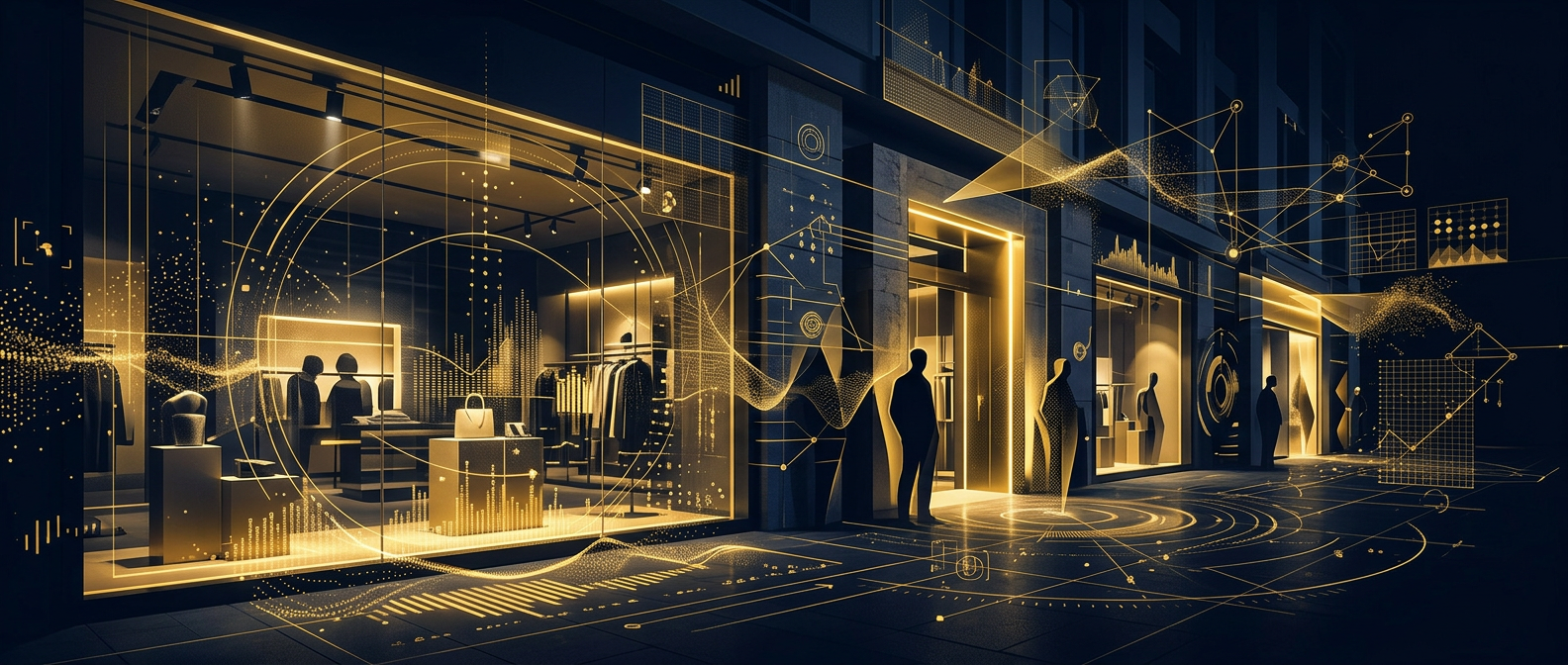 Conceptual retail security operations banner showing storefront deterrence and camera analytics in navy and gold