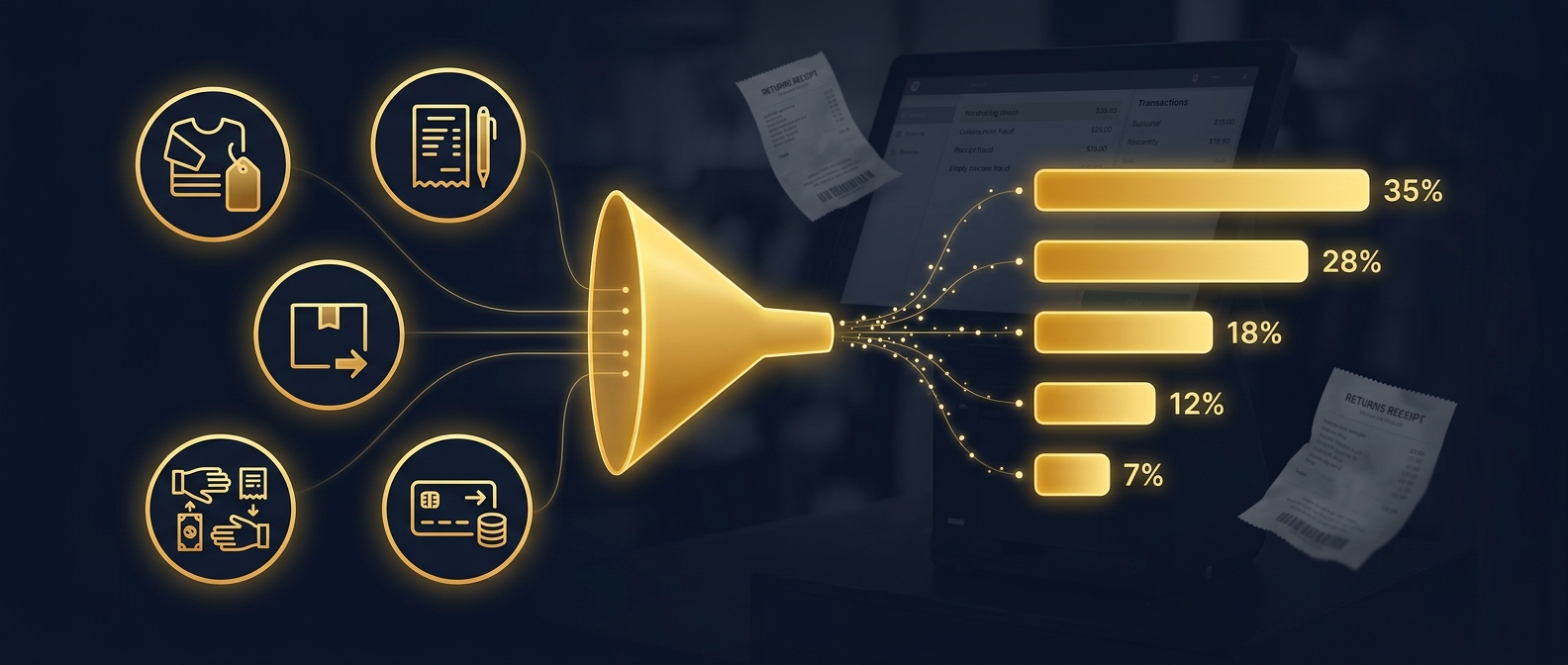 Five return-fraud schemes separating into a ranked quantified investigative breakdown in navy and gold
