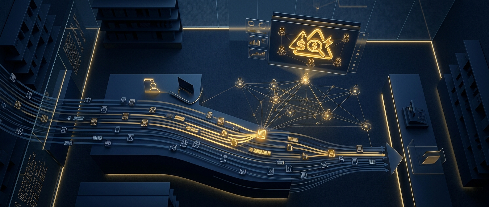 Return fraud investigation concept showing returns flowing to a register with flagged anomalies linked across stores in navy and gold