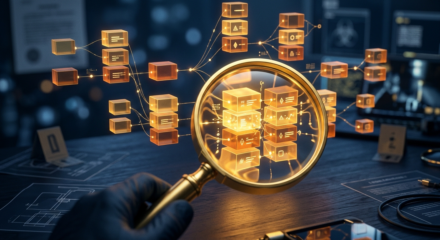 Abstract gold blockchain ledger branching into an exchange cluster under a magnifier, representing tracing victim funds to a chokepoint
