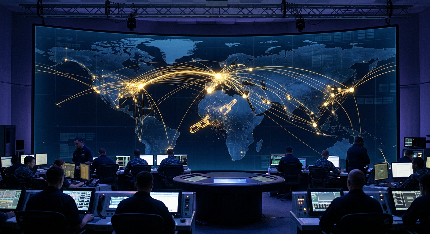 Navy analytics command room with gold transaction-flow lines converging on a few bright exchange nodes, representing crypto tracing of scam funds