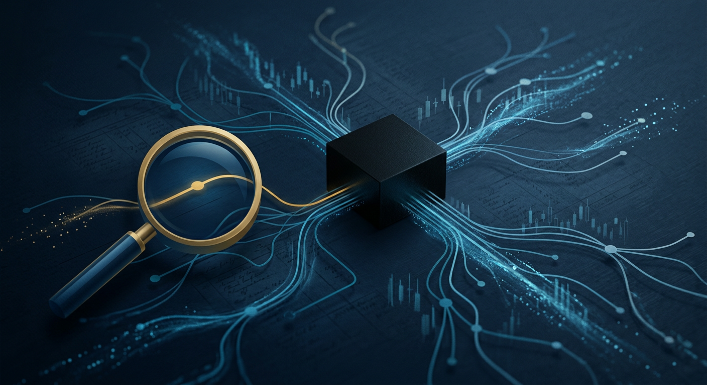 Abstract navy and gold visualization of financial flows converging on an opaque box, representing a securities fraud investigation tracing money movement.
