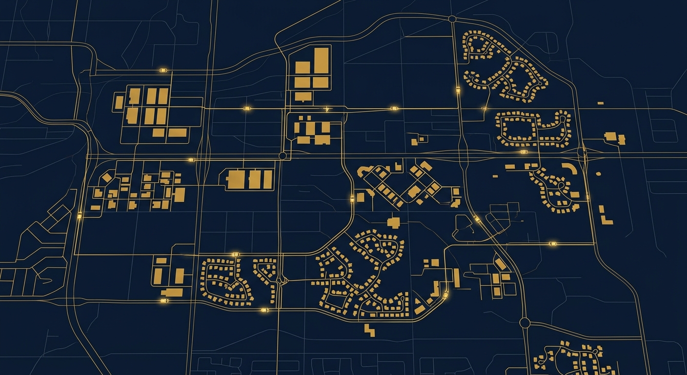 Navy and gold conceptual diagram of mobile patrol routes linking warehouses, retail centers, and HOA communities across the East Valley