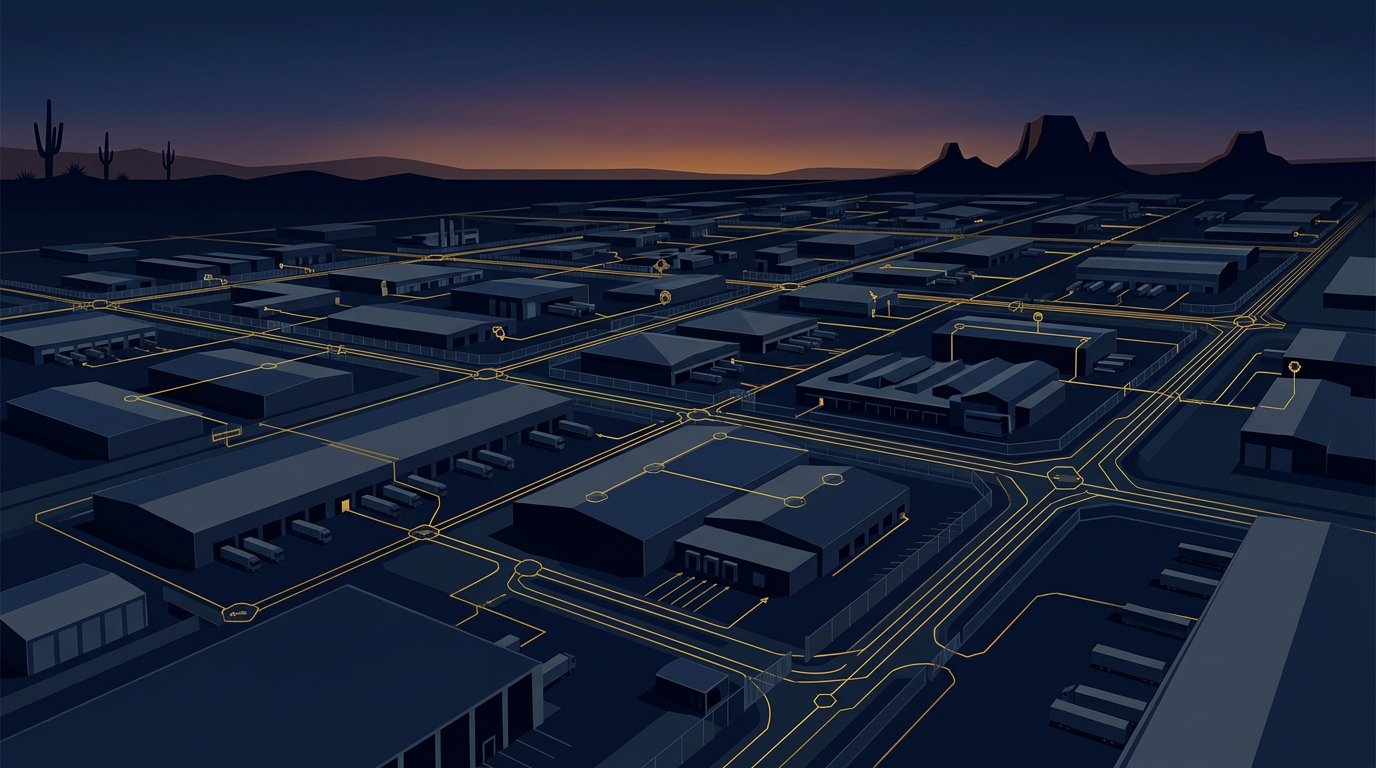 Abstract navy and gold map of an East Valley Arizona industrial district with patrol routes and access nodes