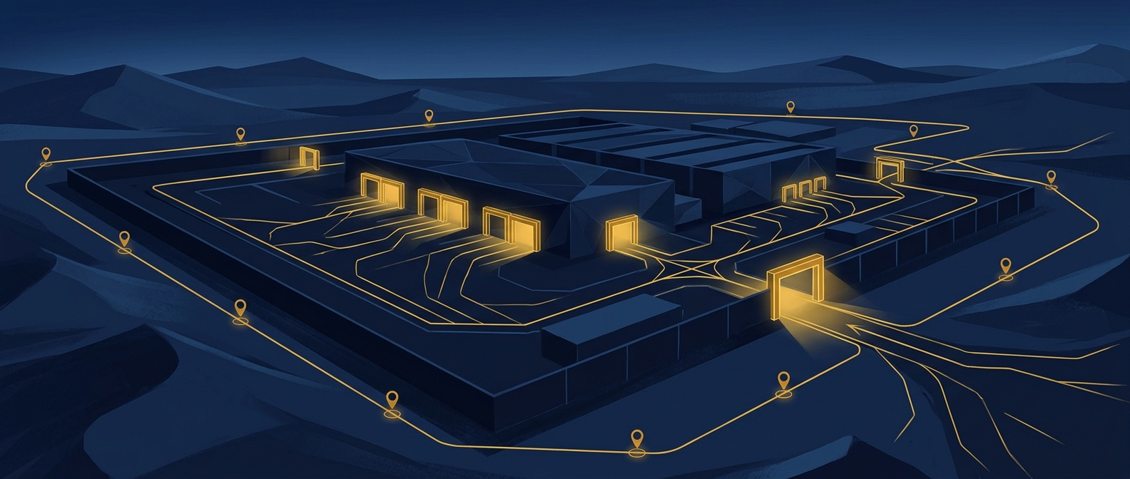 Abstract navy-and-gold diagram of loading-dock checkpoints, lobby entry, and a mobile-patrol loop with GPS tour-verification pins in Phoenix