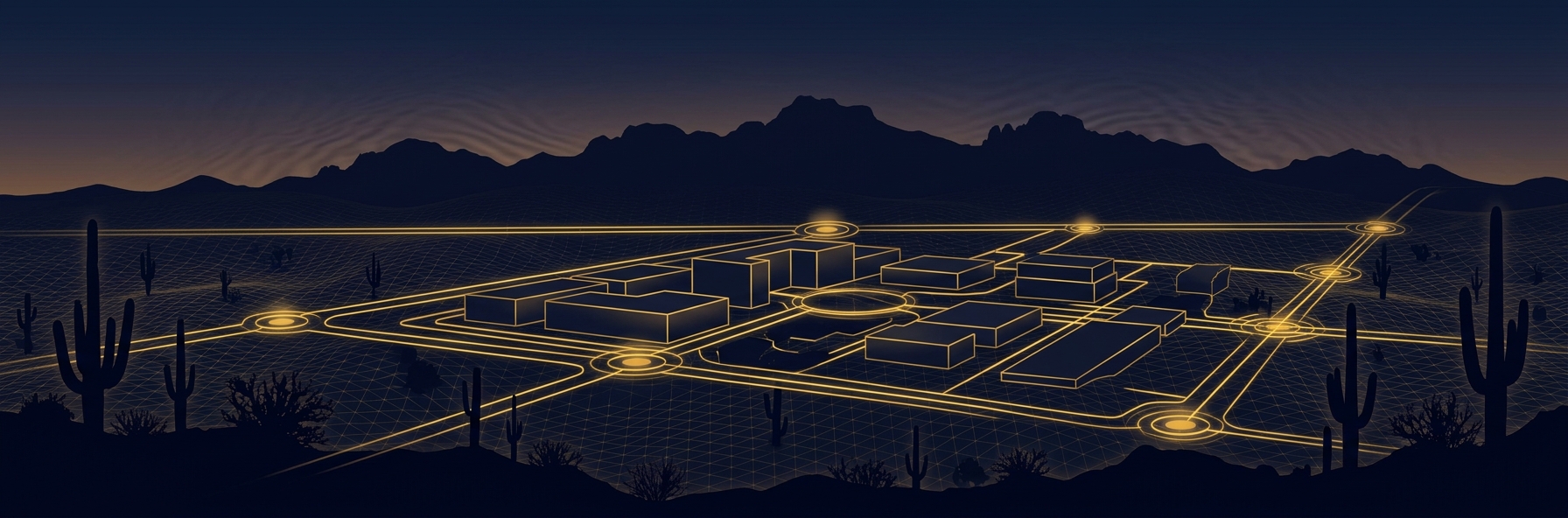 Abstract navy-and-gold operations map of Phoenix showing guard patrol routes and access-control nodes across a corporate campus perimeter