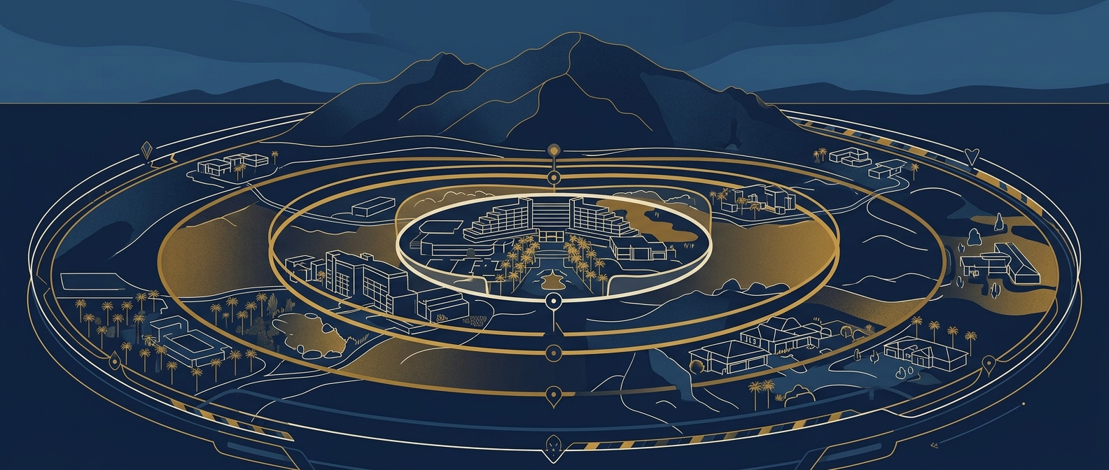 Conceptual navy and gold diagram of layered protective perimeters across Scottsdale resorts and estates