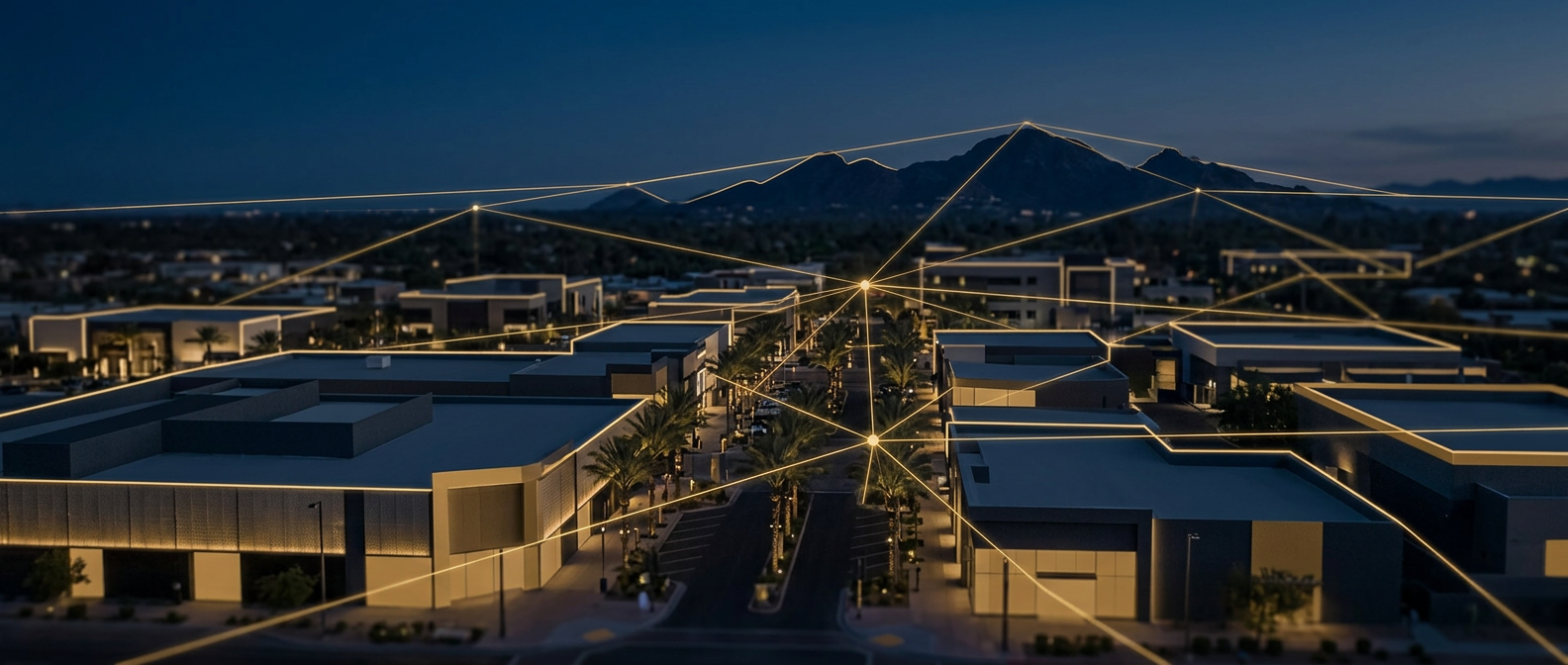 Abstract navy and gold representation of discreet security coverage across a Scottsdale luxury district at dusk