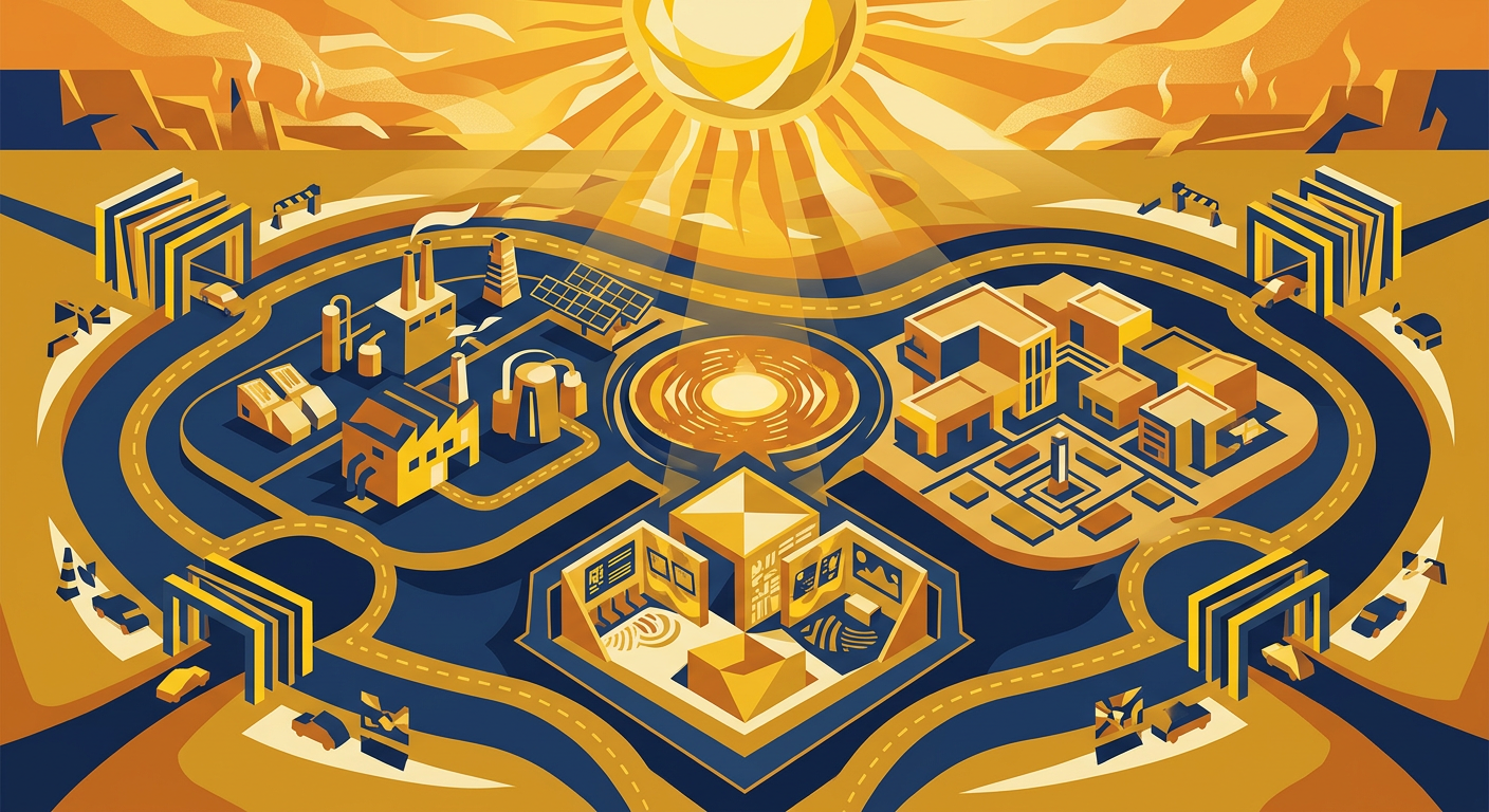 Conceptual layered facility security diagram showing perimeter, lobby, and mobile patrol nodes across a Tucson desert campus in navy and gold