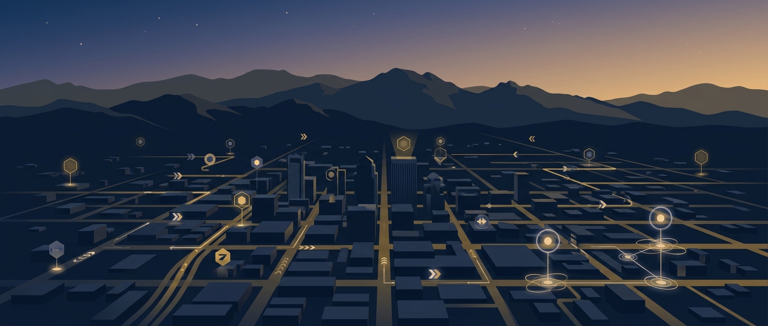Conceptual security operations map of Tucson, Arizona with Santa Catalina Mountains backdrop and abstract guard posts and patrol nodes in navy and gold
