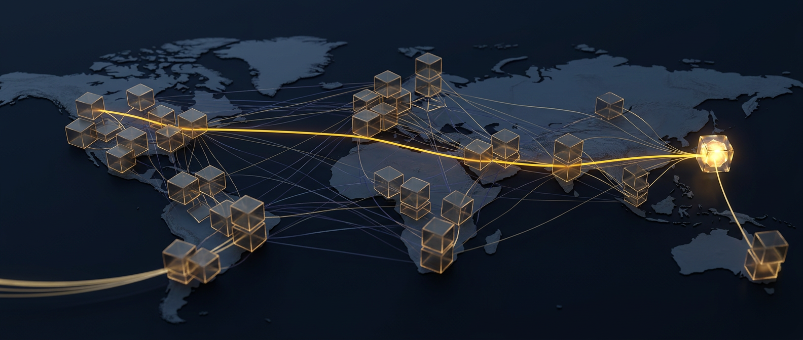 Corporate ownership network concept showing layered shell entities across a world map with a gold trace converging on the true beneficial owner in navy and gold