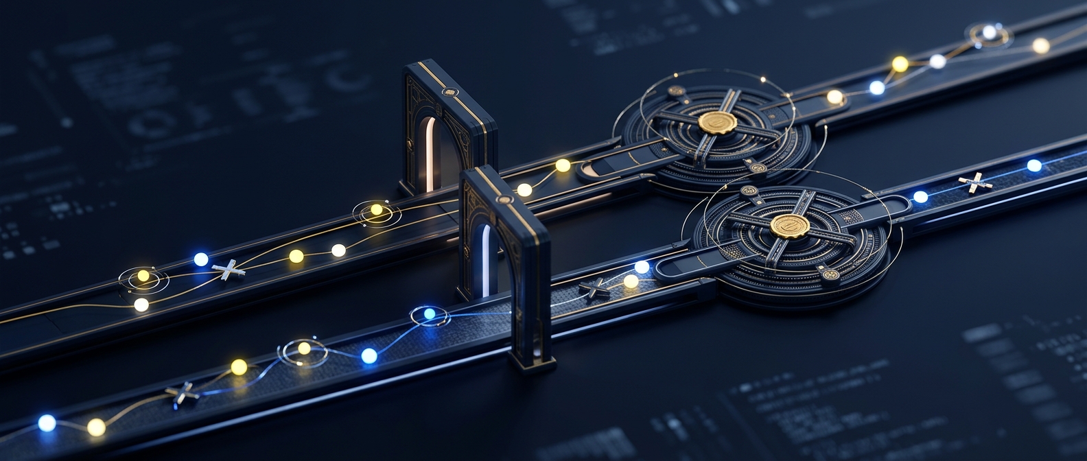 Slack and Teams collection tracks flowing through eDiscovery export into an authentication checkpoint preserving edit history and deletion markers, in navy and gold