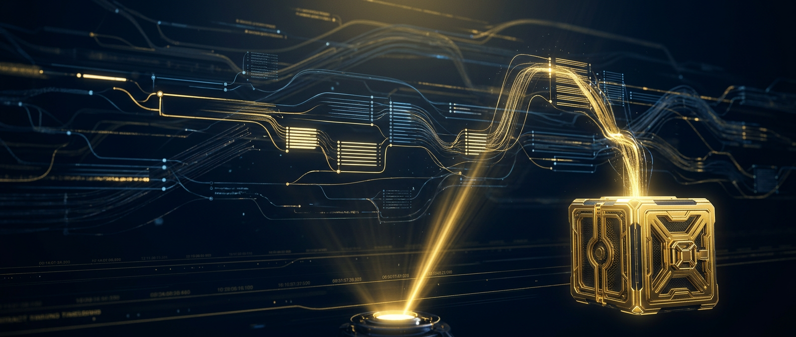 Concept of forensic capture pulling Slack and Teams channel and direct-message threads into a sealed evidence vault, with edited and deleted messages fading, in navy and gold