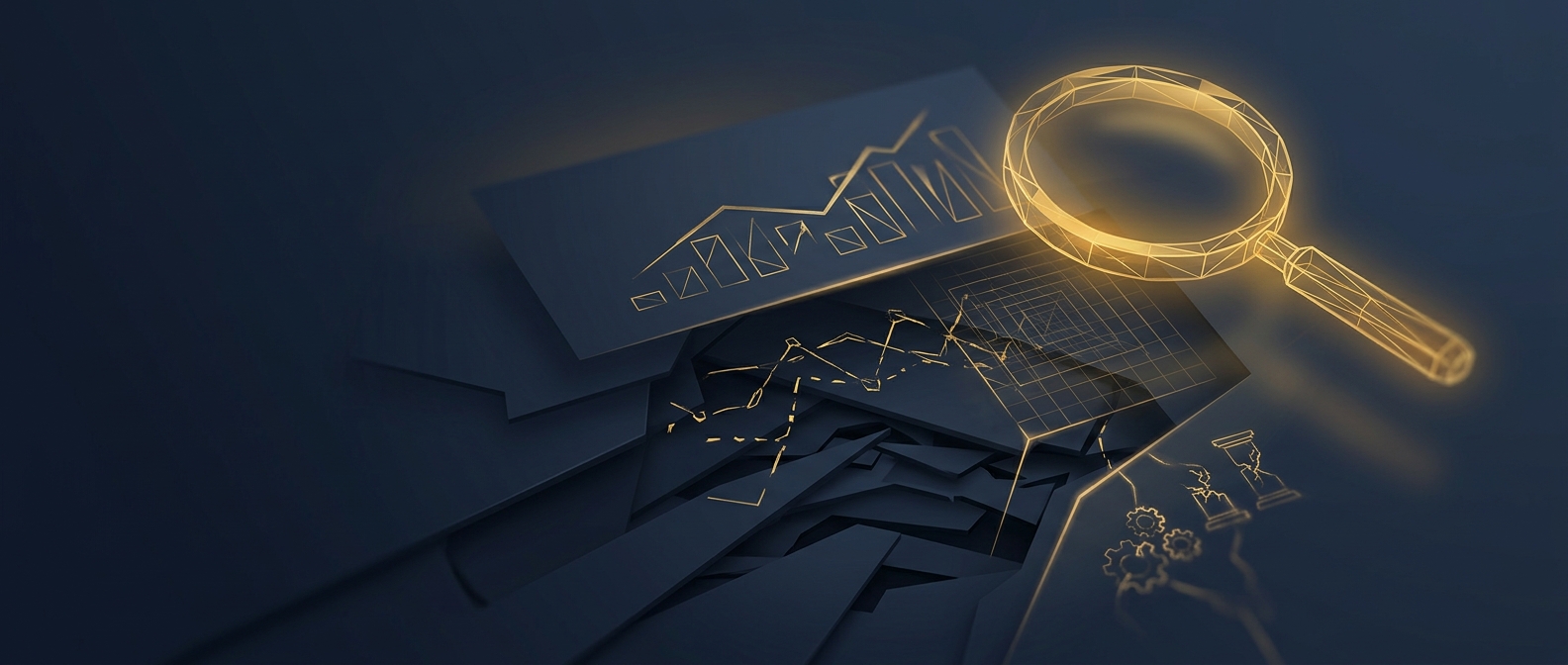 Investigative lens exposing a fabricated track record and unregistered promoter behind an investment pitch, with a too-smooth return curve and hidden enforcement history in navy and gold