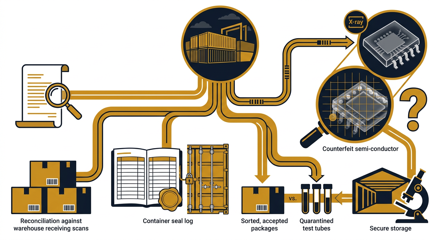 Supply-chain fraud investigation reconciling a shipping manifest against warehouse receiving scans, container seal logs, and component provenance records