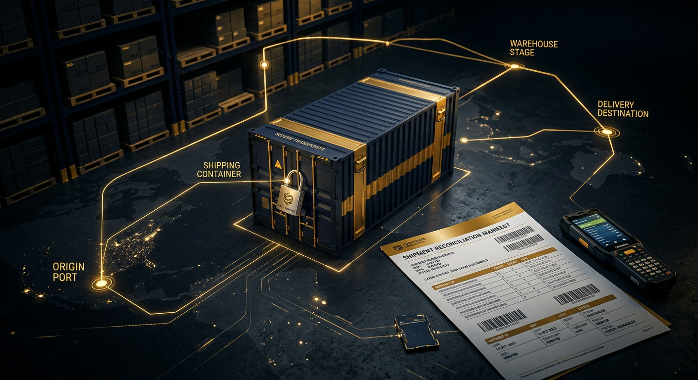 Supply-chain fraud investigation reconciling a sealed shipping container, manifest, and warehouse scan data across a logistics route