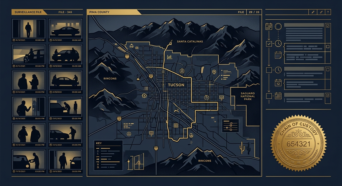 Court-ready Tucson surveillance file concept showing time-stamped stills, activity log, and chain-of-custody seal over a valley map
