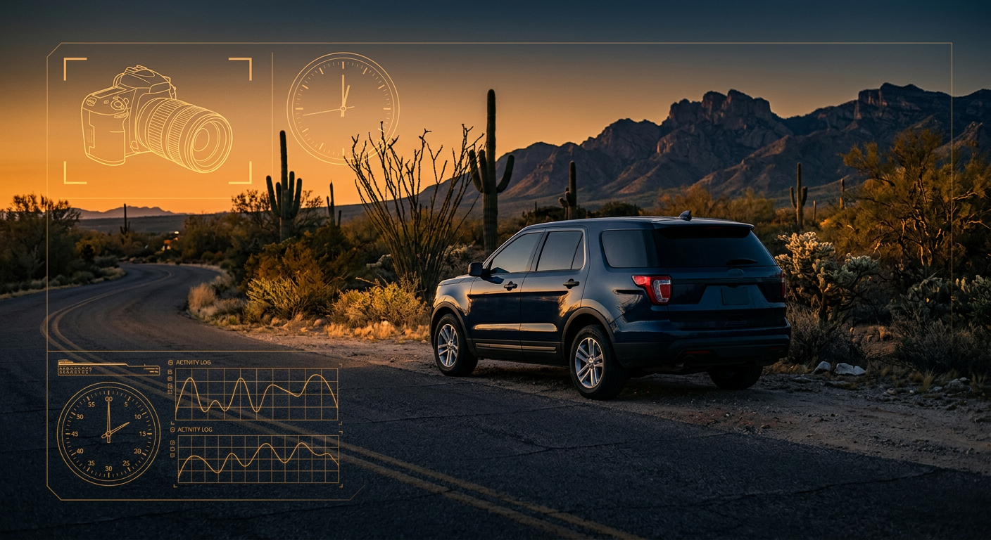 Surveillance concept in Tucson foothills showing a discreet vehicle and timestamped activity-log overlay in navy and gold