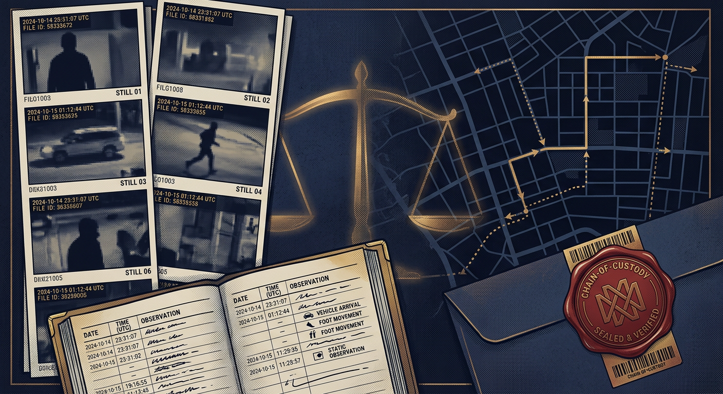 Court-ready surveillance deliverable concept showing time-stamped stills, activity log, and chain-of-custody seal over a Phoenix map