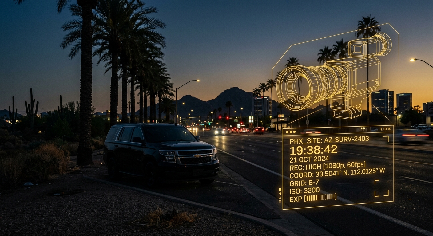 Covert surveillance concept in Phoenix showing a discreet vehicle and timestamped video-log overlay in navy and gold